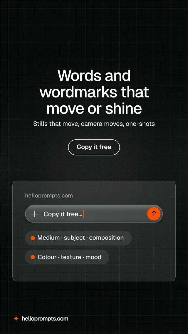 Instagram story for HelloPrompts: "Words and wordmarks that move or shine". Phosphor atlas style, centred layout, dark palette in black, grey.