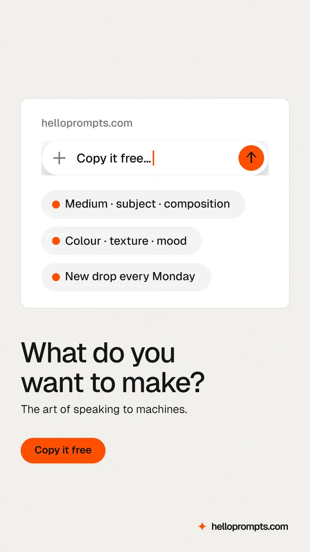 Instagram story for HelloPrompts: "What do you want to make?" Data card style, bottom layout, light palette in white, orange.