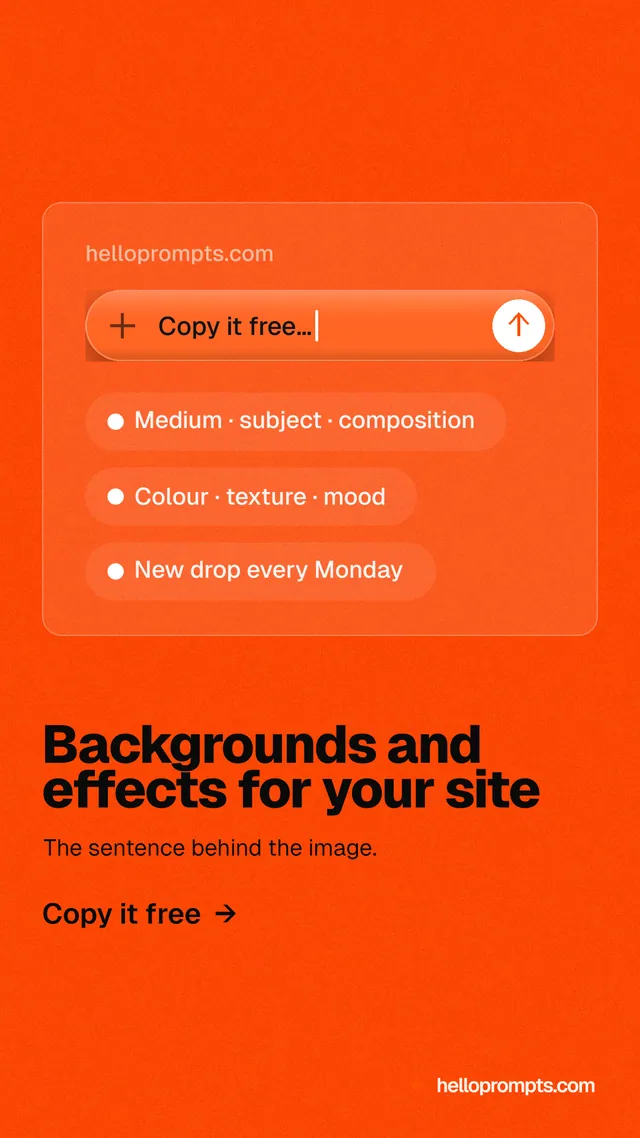 Instagram story for HelloPrompts: "Backgrounds and effects for your site". Turn card style, bottom layout, dark palette in orange.