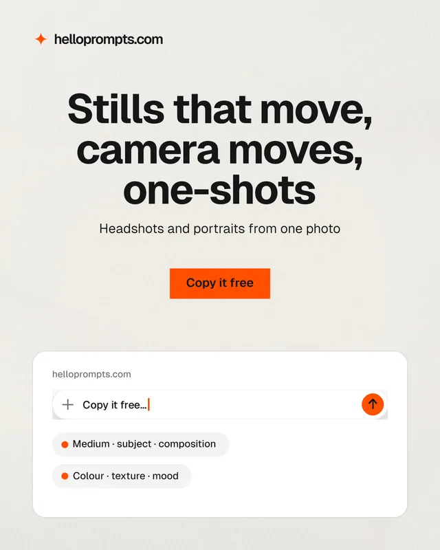 Instagram portrait post for HelloPrompts: "Stills that move, camera moves, one-shots". Swiss style, centred layout, light palette in white, grey.