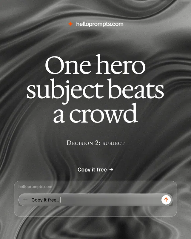 Instagram portrait post for HelloPrompts: "One hero subject beats a crowd". Swiss style, smallcaps layout, dark palette in black, grey.