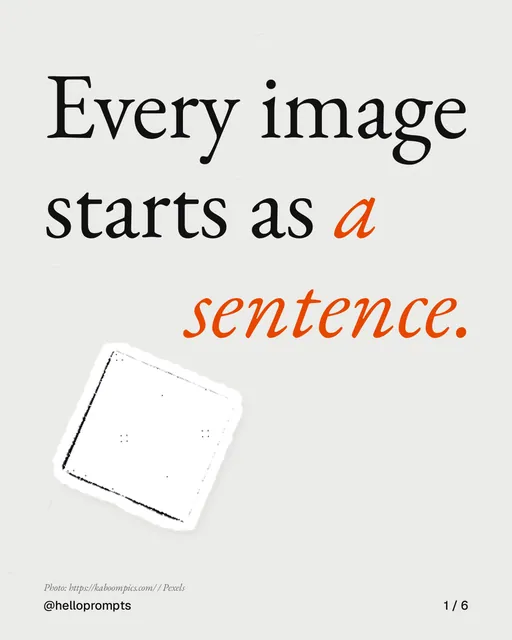 Carousel for HelloPrompts: "Every image starts as a sentence.". Cutout essay, 6 slides, light palette.