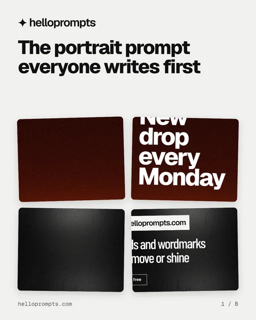 Carousel for HelloPrompts: "The portrait prompt everyone writes first". Collection carousel, 8 slides, light palette.