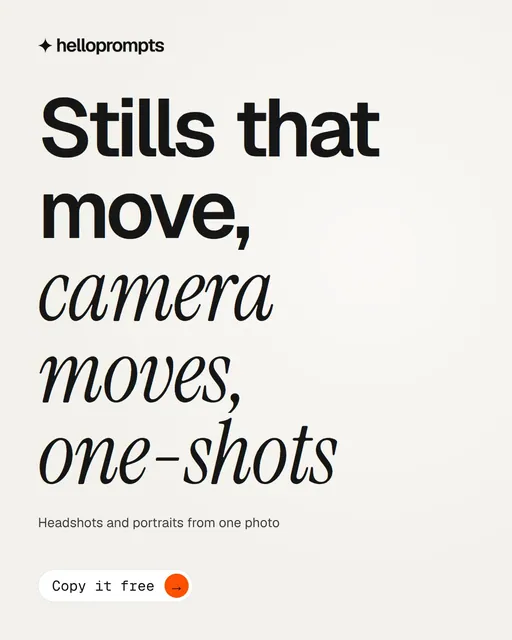 Video for HelloPrompts: "Stills that move, camera moves, one-shots". Doc motion loop, 7.0 s, light palette.