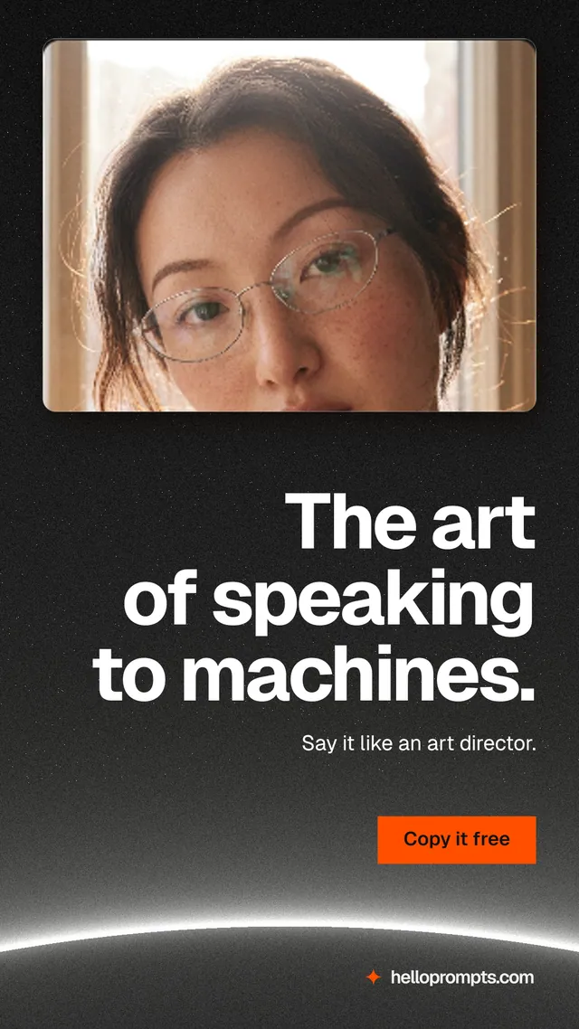 Instagram story for HelloPrompts: "The art of speaking to machines." Swiss style, right layout, dark palette in orange, black, grey.