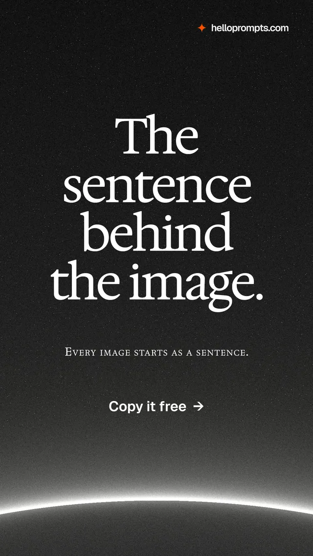 Instagram story for HelloPrompts: "The sentence behind the image." Swiss style, smallcaps layout, dark palette in black, grey.