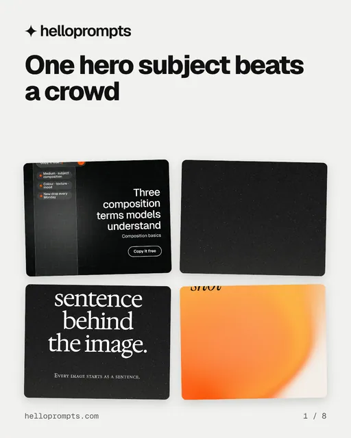 Carousel for HelloPrompts: "One hero subject beats a crowd". Collection carousel, 8 slides, light palette.