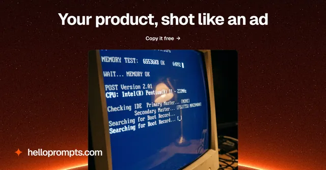 Social ad for HelloPrompts: "Your product, shot like an ad". Swiss style, ogui layout, dark palette in black, blue, red.