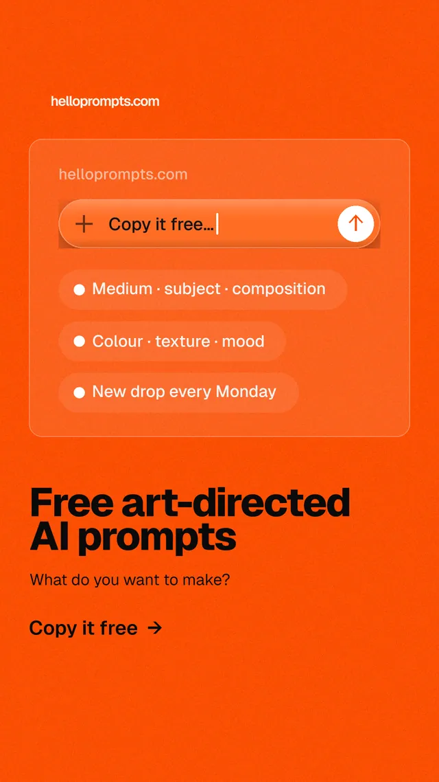 Instagram story for HelloPrompts: "Free art-directed AI prompts". Turn card style, bottom layout, light palette in orange.