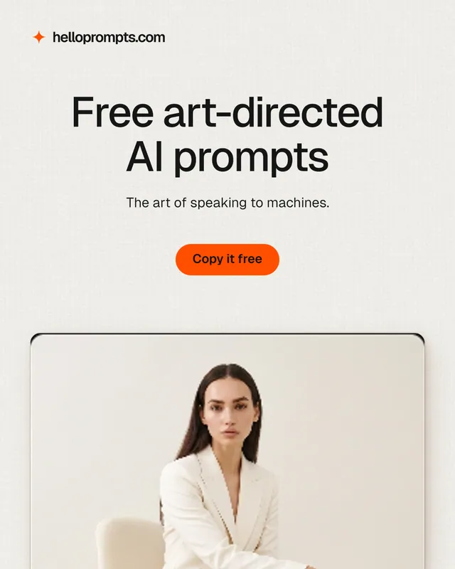 Instagram portrait post for HelloPrompts: "Free art-directed AI prompts". Data card style, centred layout, light palette in white, orange.