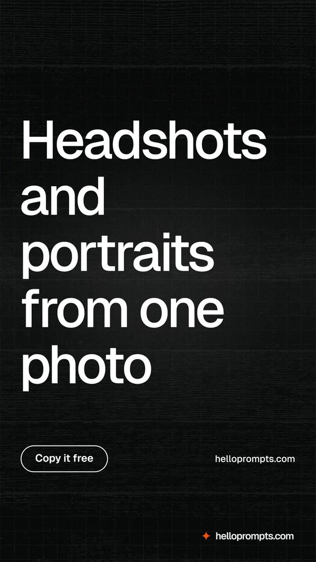 Instagram story for HelloPrompts: "Headshots and portraits from one photo". Phosphor atlas style, poster layout, dark palette in black, grey.