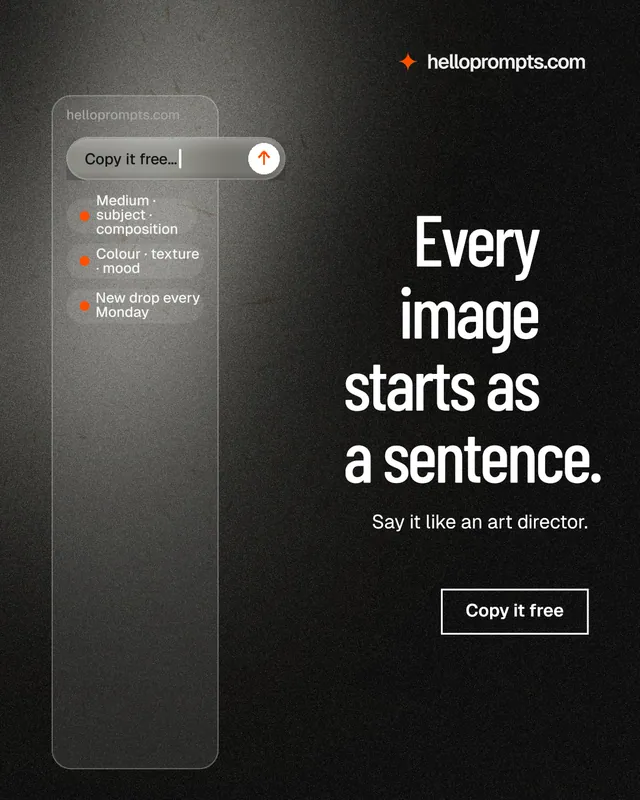 Instagram portrait post for HelloPrompts: "Every image starts as a sentence." Dark deco style, right layout, dark palette in black, grey.