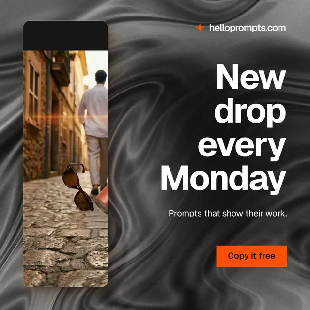 Instagram post for HelloPrompts: "New drop every Monday". Swiss style, right layout, dark palette in black, grey.