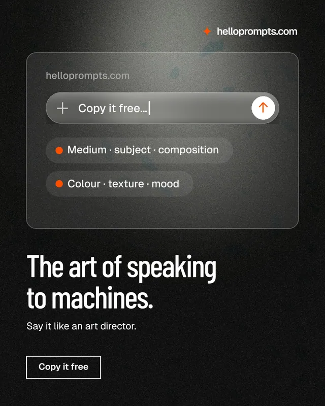 Instagram portrait post for HelloPrompts: "The art of speaking to machines." Dark deco style, bottom layout, dark palette in black, grey.