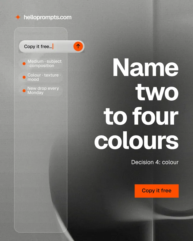 Instagram portrait post for HelloPrompts: "Name two to four colours". Swiss style, right layout, light palette in grey, black.