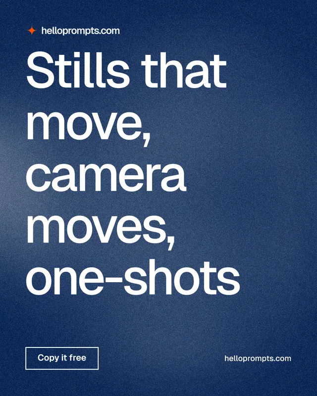 Instagram portrait post for HelloPrompts: "Stills that move, camera moves, one-shots". Cyanotype style, poster layout, dark palette in blue, grey.
