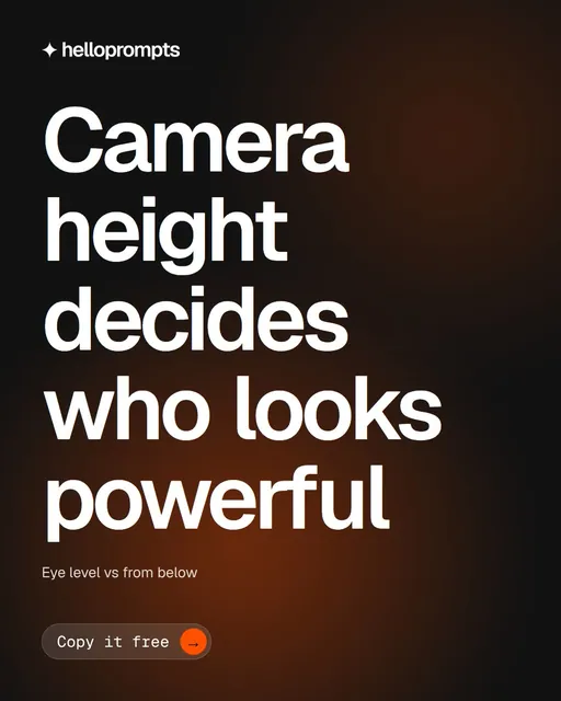Video for HelloPrompts: "Camera height decides who looks powerful". Doc motion loop, 6.0 s, dark palette.