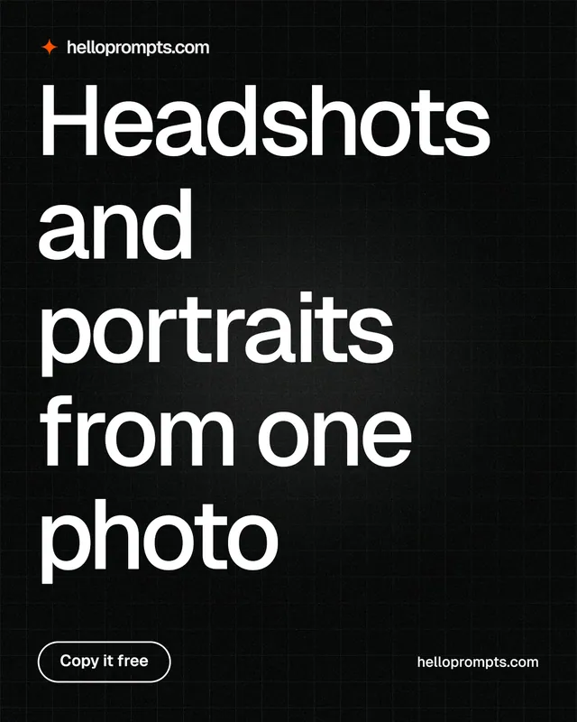 Instagram portrait post for HelloPrompts: "Headshots and portraits from one photo". Phosphor atlas style, poster layout, dark palette in black, grey.