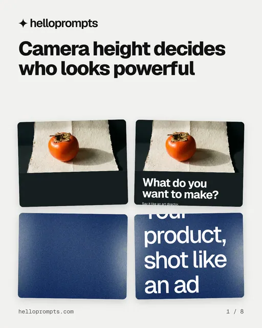 Carousel for HelloPrompts: "Camera height decides who looks powerful". Collection carousel, 8 slides, light palette.