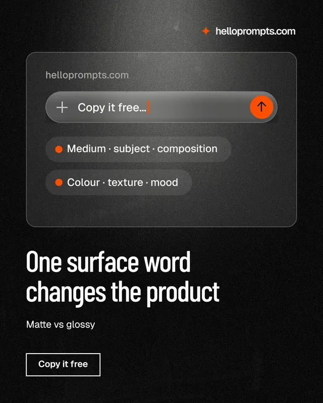 Instagram portrait post for HelloPrompts: "One surface word changes the product". Dark deco style, bottom layout, dark palette in black, grey.