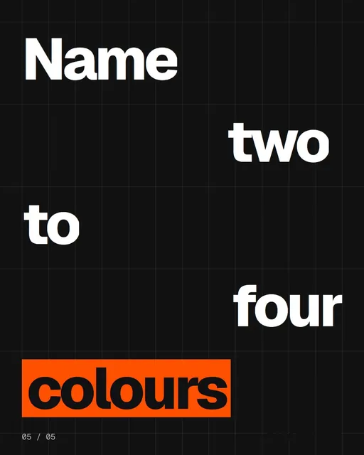 Video for HelloPrompts: "Name two to four colours". Kinetic type grid, 6.0 s, dark palette.