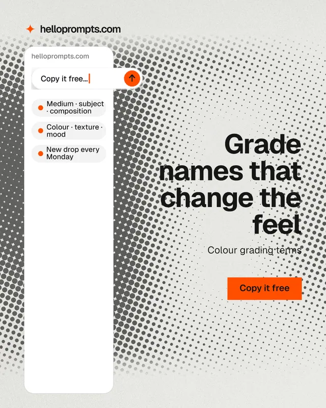 Instagram portrait post for HelloPrompts: "Grade names that change the feel". Swiss style, right layout, light palette in white, grey.