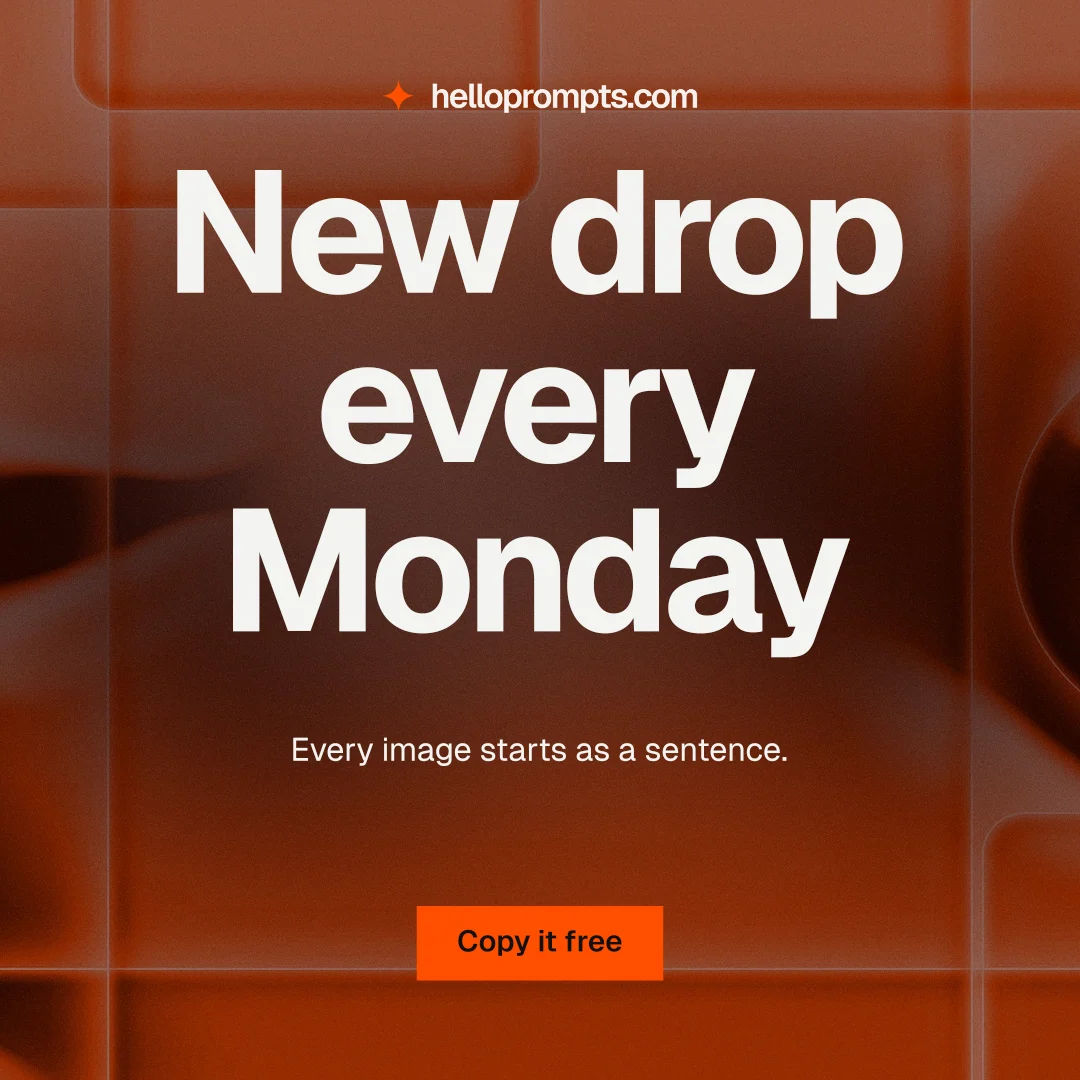 Instagram post for HelloPrompts: "New drop every Monday". Swiss style, centred layout, dark palette in red, orange, grey.