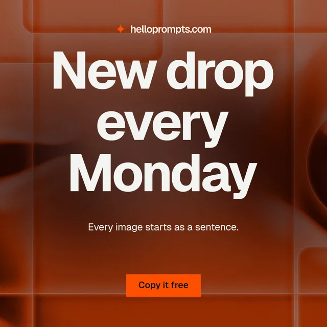 Instagram post for HelloPrompts: "New drop every Monday". Swiss style, centred layout, dark palette in red, orange, grey.