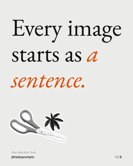 Carousel for HelloPrompts: "Every image starts as a sentence.". Cutout essay, 6 slides, light palette.