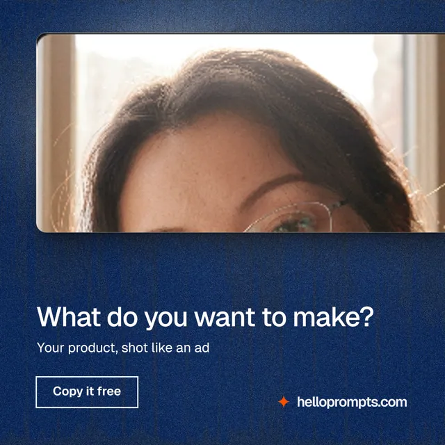 Instagram post for HelloPrompts: "What do you want to make?" Cyanotype style, bottom layout, dark palette in blue, grey, orange.