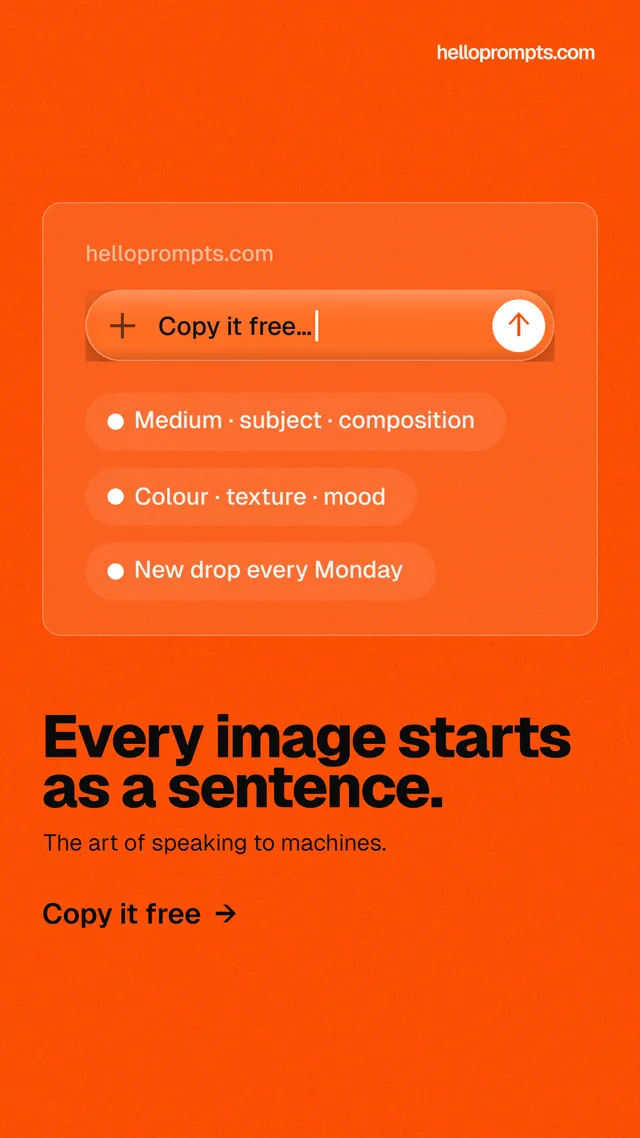 Instagram story for HelloPrompts: "Every image starts as a sentence." Turn card style, bottom layout, light palette in orange.