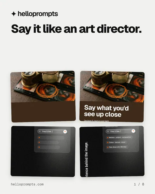 Carousel for HelloPrompts: "Say it like an art director.". Collection carousel, 8 slides, light palette.