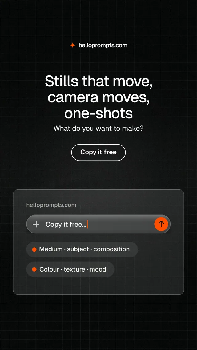 Instagram story for HelloPrompts: "Stills that move, camera moves, one-shots". Phosphor atlas style, centred layout, dark palette in black, grey.