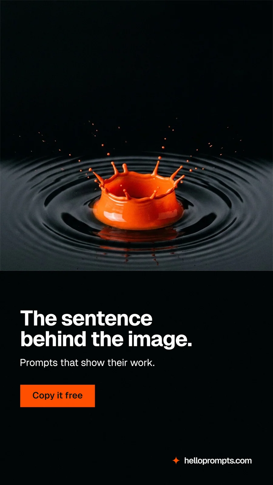 Instagram story for HelloPrompts: "The sentence behind the image." Swiss style, bottom layout, dark palette in black, grey.