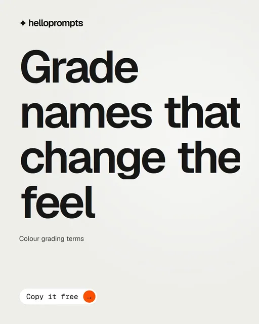 Video for HelloPrompts: "Grade names that change the feel". Doc motion loop, 7.0 s, light palette.