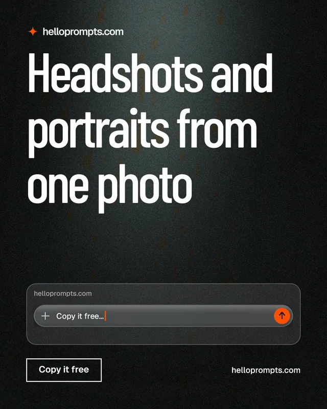 Instagram portrait post for HelloPrompts: "Headshots and portraits from one photo". Dark deco style, poster layout, dark palette in black, grey.