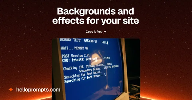 Social ad for HelloPrompts: "Backgrounds and effects for your site". Swiss style, ogui layout, dark palette in black, blue, red.