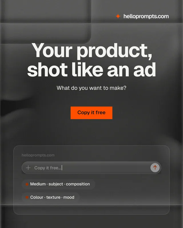 Instagram portrait post for HelloPrompts: "Your product, shot like an ad". Swiss style, centred layout, dark palette in grey, black.