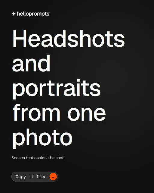 Video for HelloPrompts: "Headshots and portraits from one photo". Doc motion loop, 8.0 s, dark palette.