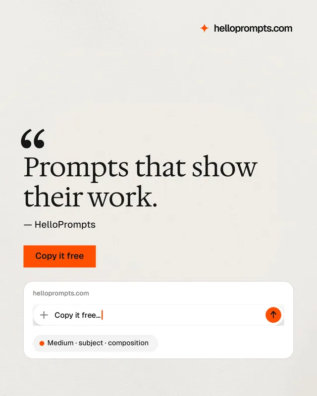 Instagram portrait post for HelloPrompts: "Prompts that show their work." Swiss style, quote layout, light palette in white, yellow, orange.