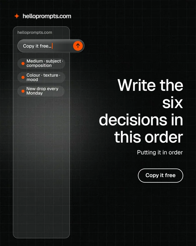 Instagram portrait post for HelloPrompts: "Write the six decisions in this order". Phosphor atlas style, right layout, dark palette in black, grey.