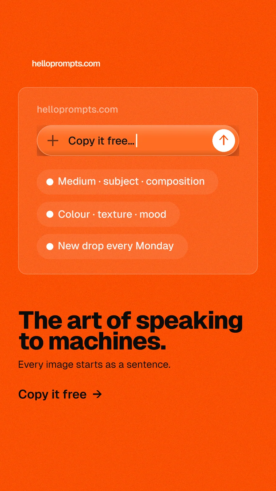 Instagram story for HelloPrompts: "The art of speaking to machines." Turn card style, bottom layout, light palette in orange.