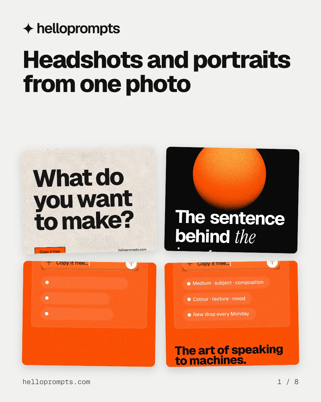 Carousel for HelloPrompts: "Headshots and portraits from one photo". Collection carousel, 8 slides, light palette.