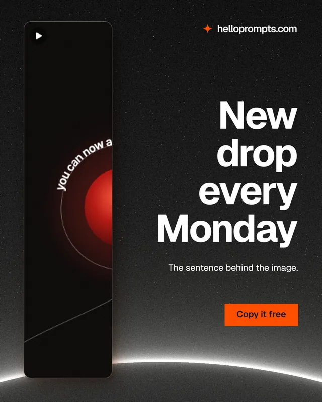 Instagram portrait post for HelloPrompts: "New drop every Monday". Swiss style, right layout, dark palette in black, orange, grey.