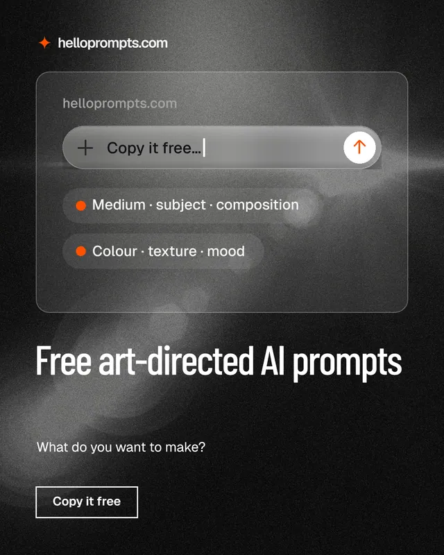 Instagram portrait post for HelloPrompts: "Free art-directed AI prompts". Dark deco style, bottom layout, dark palette in black, grey.