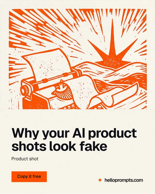 Instagram portrait post for HelloPrompts: "Why your AI product shots look fake". Swiss style, bottom layout, light palette in white, orange.