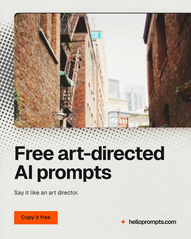 Instagram portrait post for HelloPrompts: "Free art-directed AI prompts". Swiss style, bottom layout, light palette in white, orange.