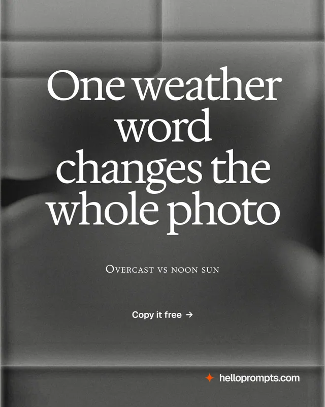Instagram portrait post for HelloPrompts: "One weather word changes the whole photo". Swiss style, smallcaps layout, dark palette in grey, black.