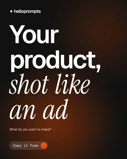 Video for HelloPrompts: "Your product, shot like an ad". Doc motion loop, 6.0 s, dark palette.