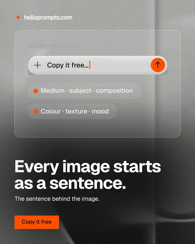 Instagram portrait post for HelloPrompts: "Every image starts as a sentence." Swiss style, bottom layout, light palette in grey, black.